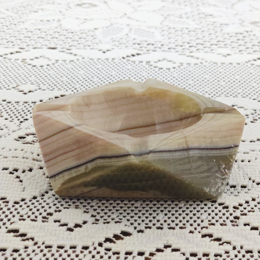 Vintage MCM Onyx Ashtray Marble Alabaster Heavy Stone Cream Green Pink Tan - Picture 6 of 16